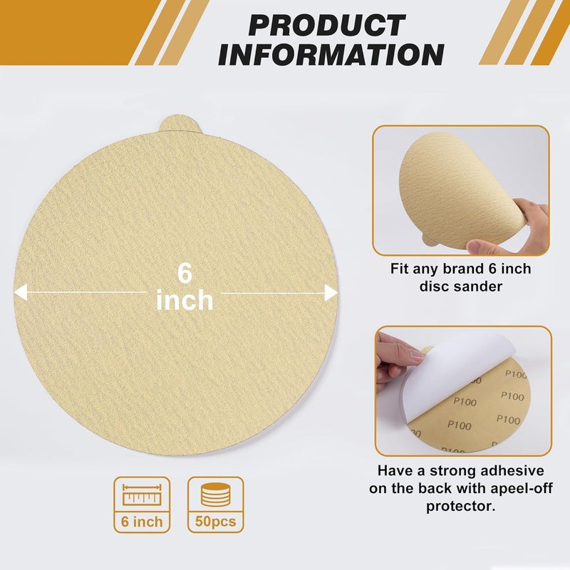 Shawya 50 PCS 6 Inch PSA Sanding Discs 100 Grit Self Adhesive Sticky-Back Sandpaper for Easy Attachment Premium Quality Sanding Disc for Efficient Sanding Performance - Image 4